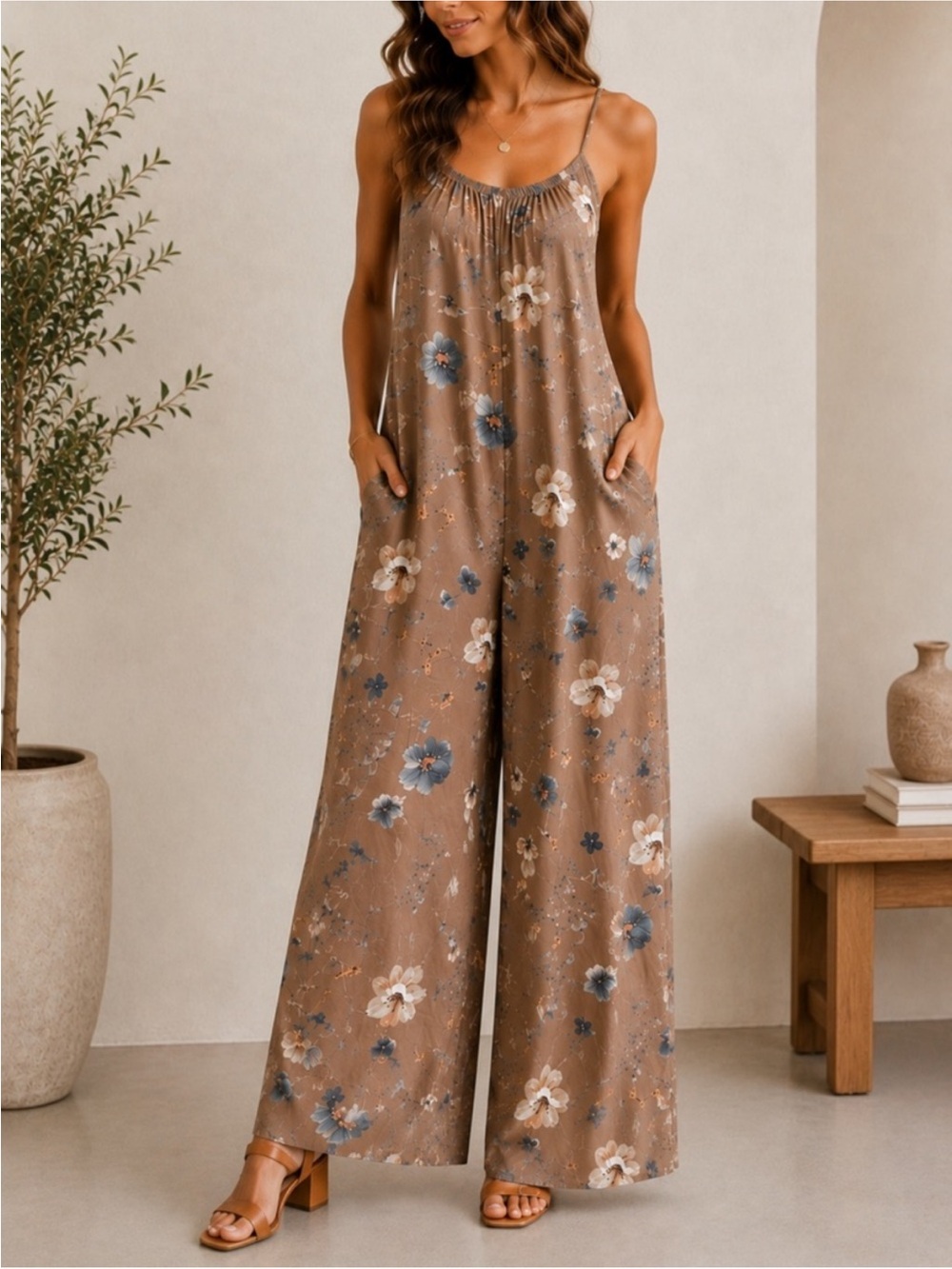 #202-022 Women’s Floral Wide-Leg Jumpsuit in Brown